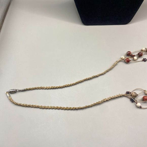 Multi Strand Braided Cord Necklace w/ Red & Beige Round/Star Jasper Stone Beads - Picture 4 of 6
